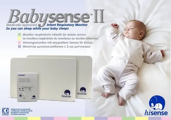 Packaging for the Babysense II infant respiratory monitor, showing the sensor pads and base unit
