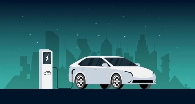 Illustration of an electric vehicle charging at a street charging station at night, with a city skyline in the background