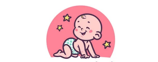 A cheerful cartoon illustration of a crawling baby in front of a pink semicircle with stars