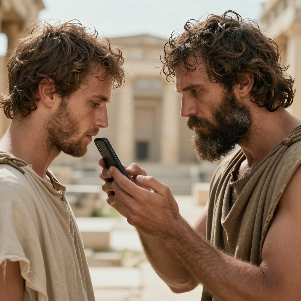 Two men in classical Greek dress examining a modern smartphone amid ancient columned architecture, illustrating how today's wireless technology is being judged against an ancient, outdated framework