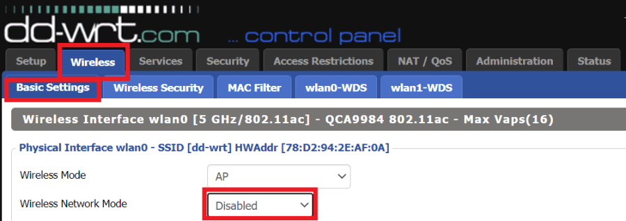 A router admin panel (DD-WRT firmware) with the Wireless Network Mode setting changed to Disabled