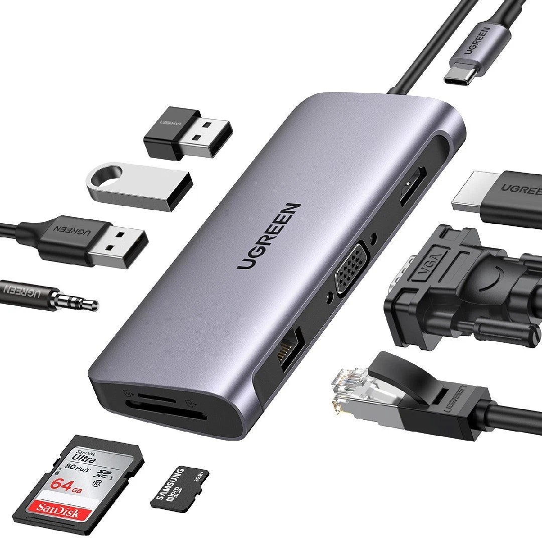 A USB-C multiport hub with an Ethernet port, shown with its USB-C cable and an Ethernet cable